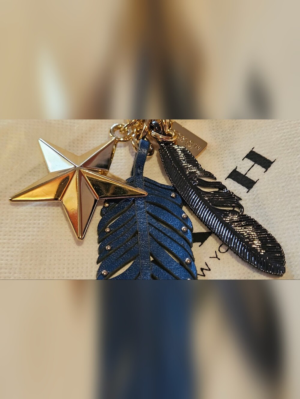 Coach Blue Leather Feather Keychain with Gold Star Charm - Picture 4 of 5